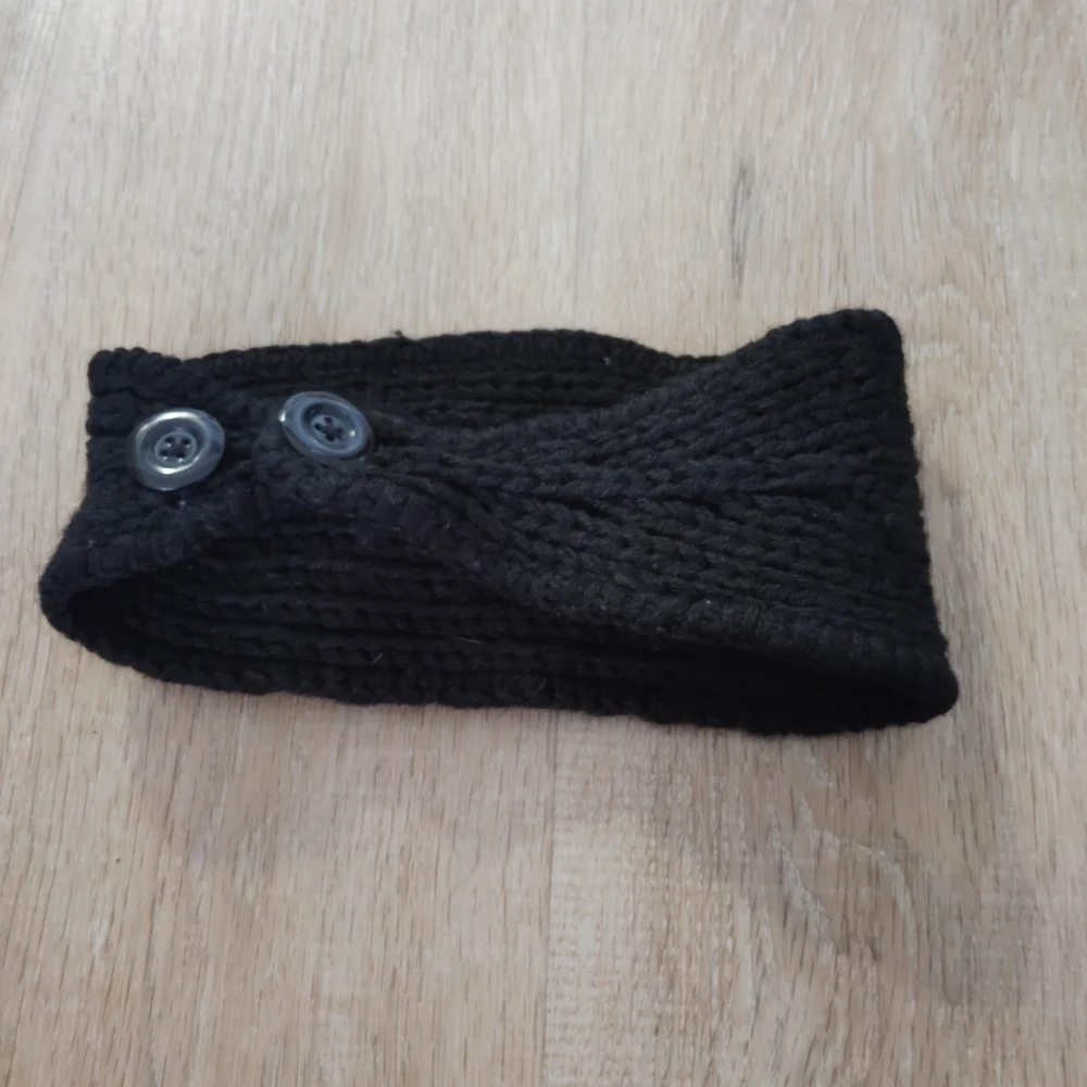 Black Crochet Knitted Headband Ear Warmers Brown Bow